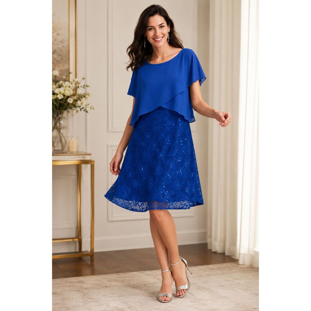 Ronni Nicole Royal Blue Sequin Lace Cape Overlay Cocktail Dress Women Size 14